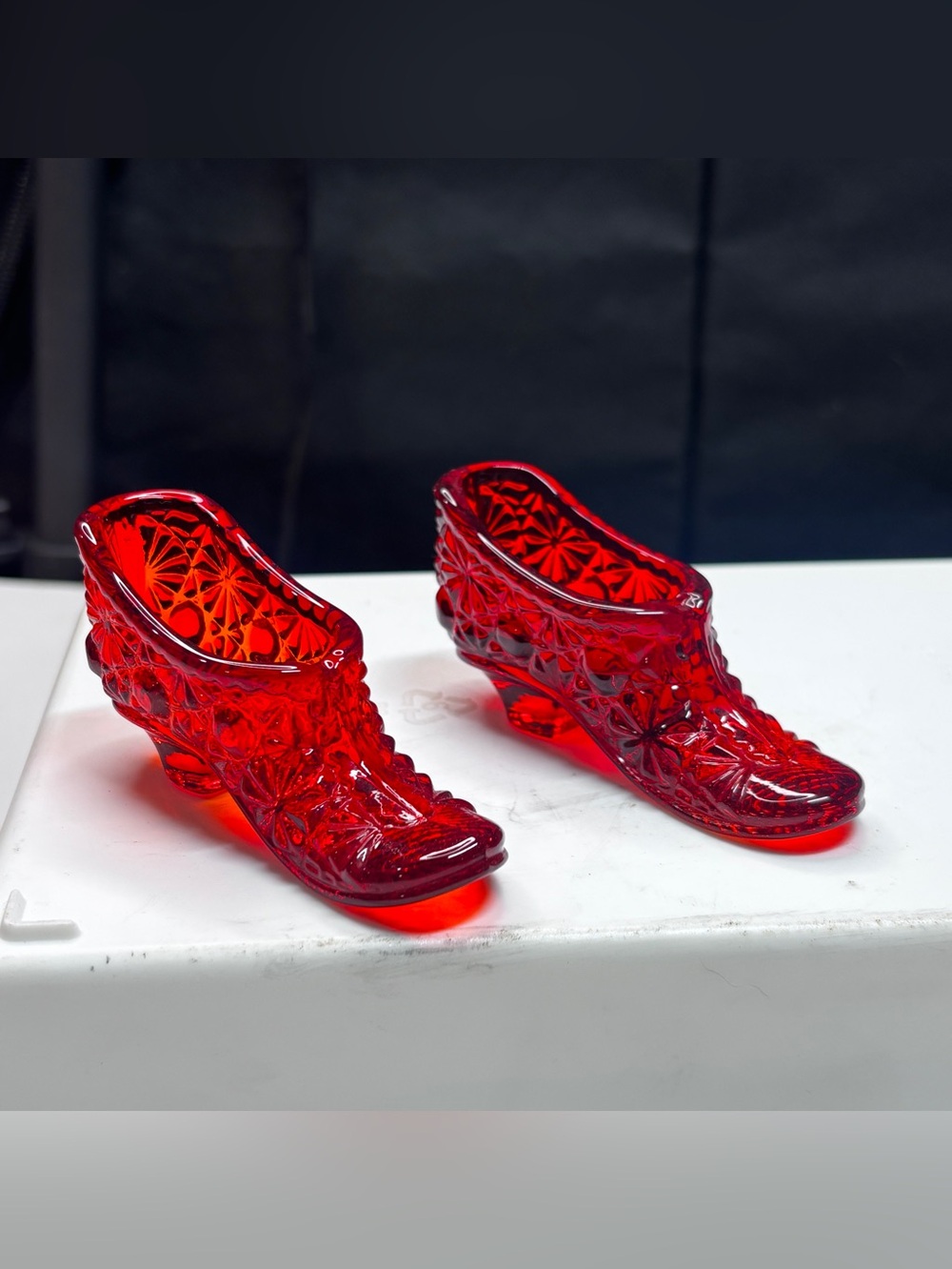 2 VTG L.G.Wright Red Ruby Daisy & Button Victorian Glass Slipper/Shoe